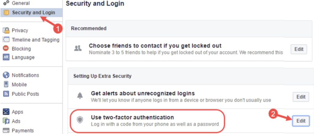 Facebook two factor authentication